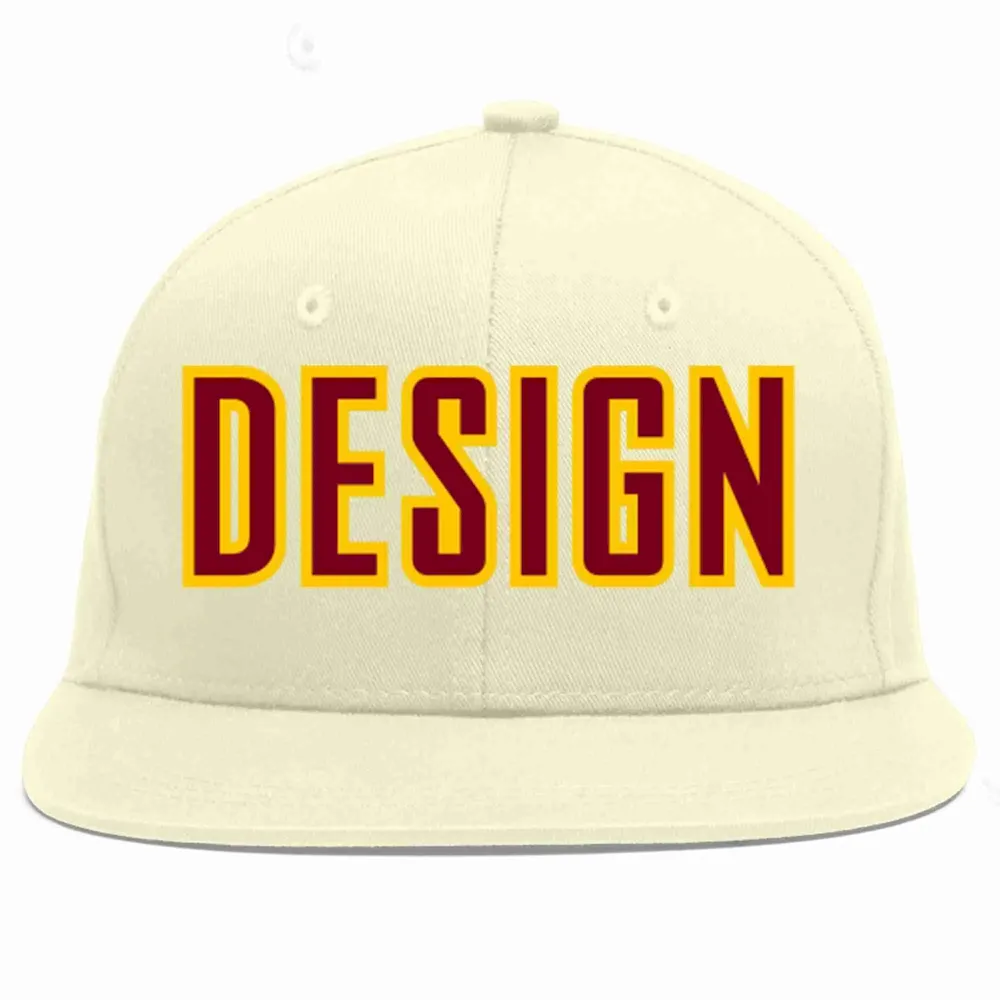 Custom Cream Crimson-Gold Flat Eaves Sport Baseball Cap Design for Men/Women/Youth