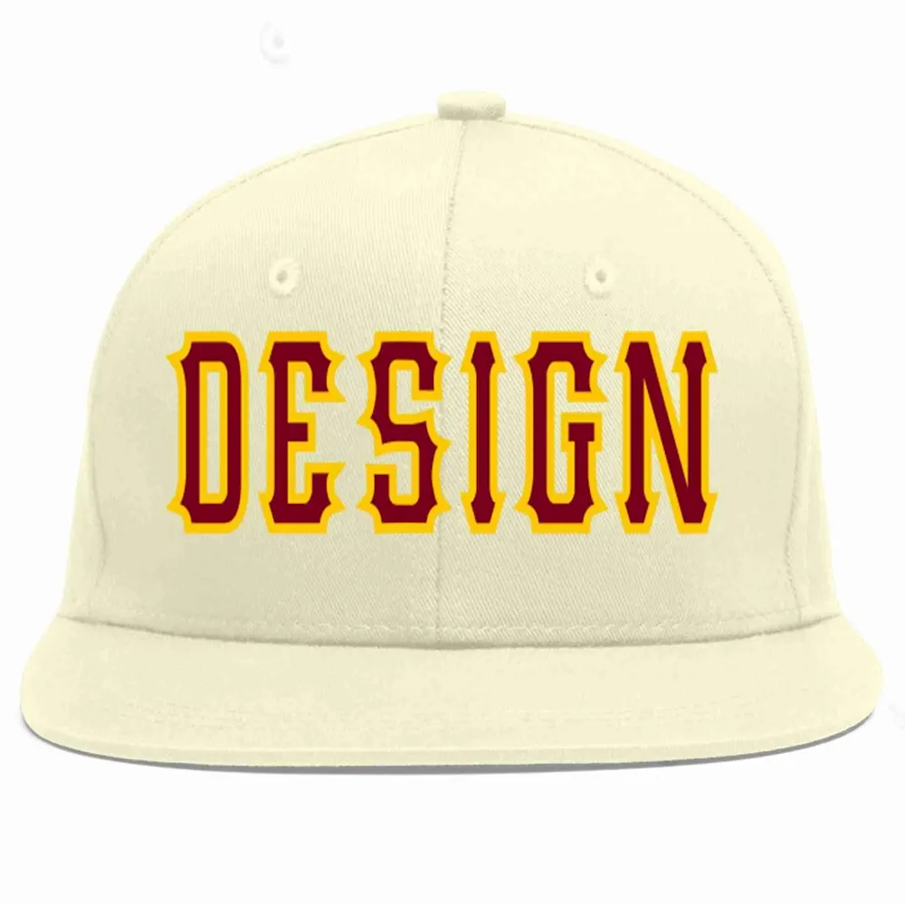 Custom Cream Crimson-Gold Flat Eaves Sport Baseball Cap Design for Men/Women/Youth
