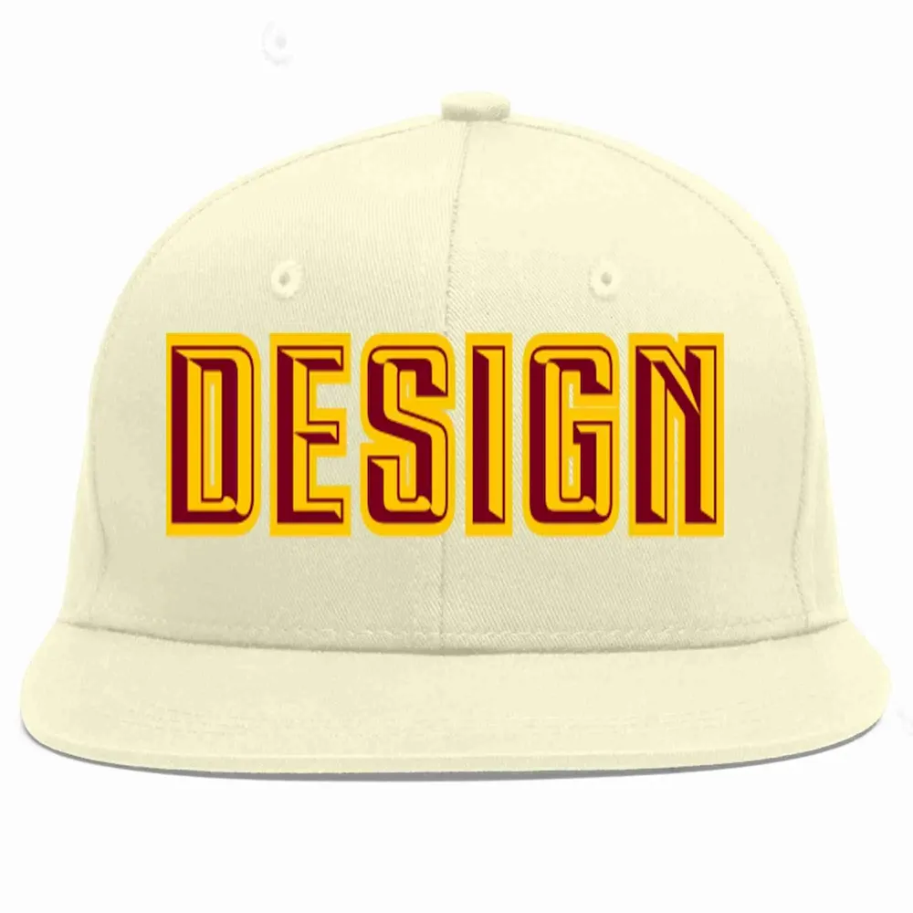 Custom Cream Crimson-Gold Flat Eaves Sport Baseball Cap Design for Men/Women/Youth