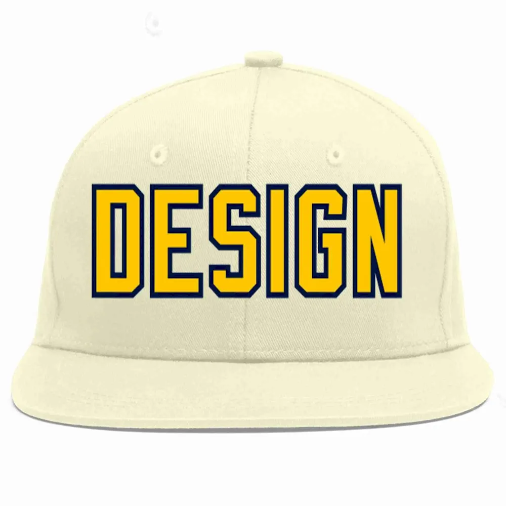 Custom Cream Gold-Navy Flat Eaves Sport Baseball Cap Design for Men/Women/Youth