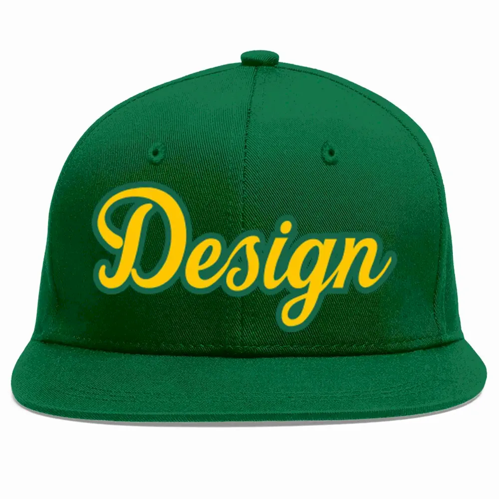 Custom Green Gold-Kelly Green Flat Eaves Sport Baseball Cap Design for Men/Women/Youth