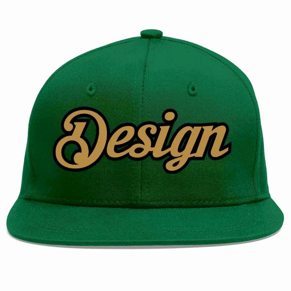 Custom Green Old Gold-Black Flat Eaves Sport Baseball Cap Design for Men/Women/Youth
