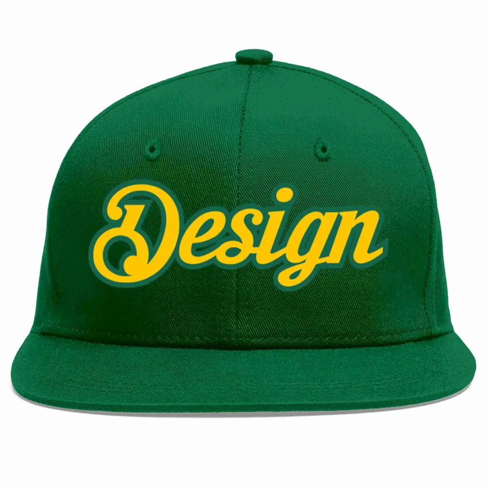 Custom Green Gold-Kelly Green Flat Eaves Sport Baseball Cap Design for Men/Women/Youth