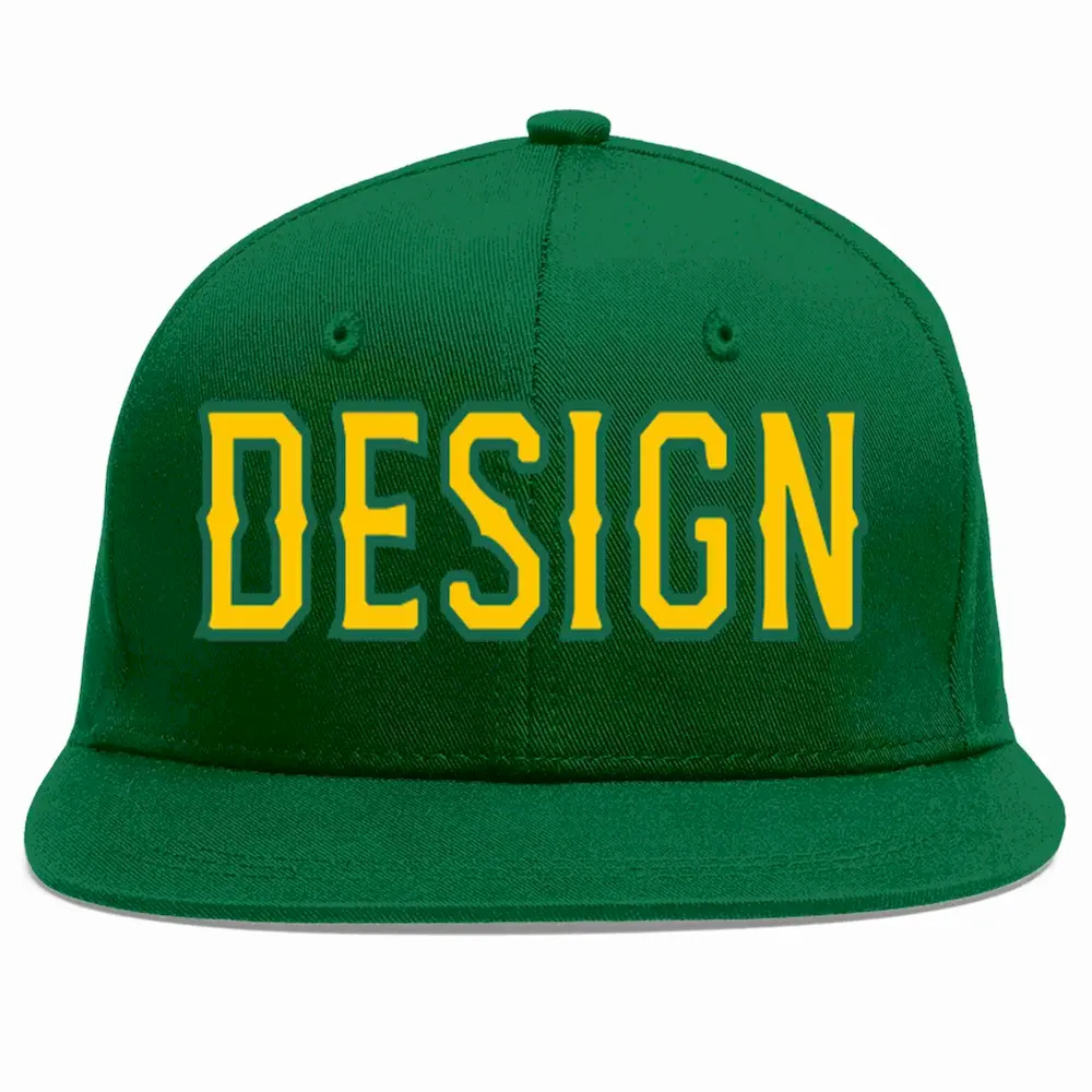 Custom Green Gold-Kelly Green Flat Eaves Sport Baseball Cap Design for Men/Women/Youth