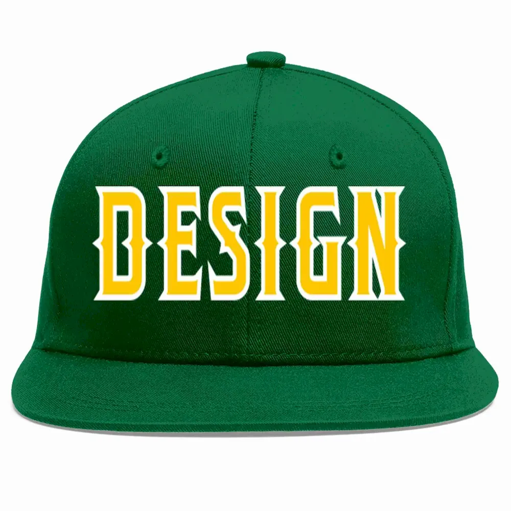 Custom Green Gold-White Flat Eaves Sport Baseball Cap Design for Men/Women/Youth