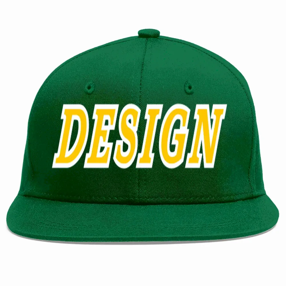 Custom Green Gold-White Flat Eaves Sport Baseball Cap Design for Men/Women/Youth