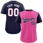 Custom Pink Navy Pinstripe Personalized Raglan Sleeves Authentic Baseball Jersey