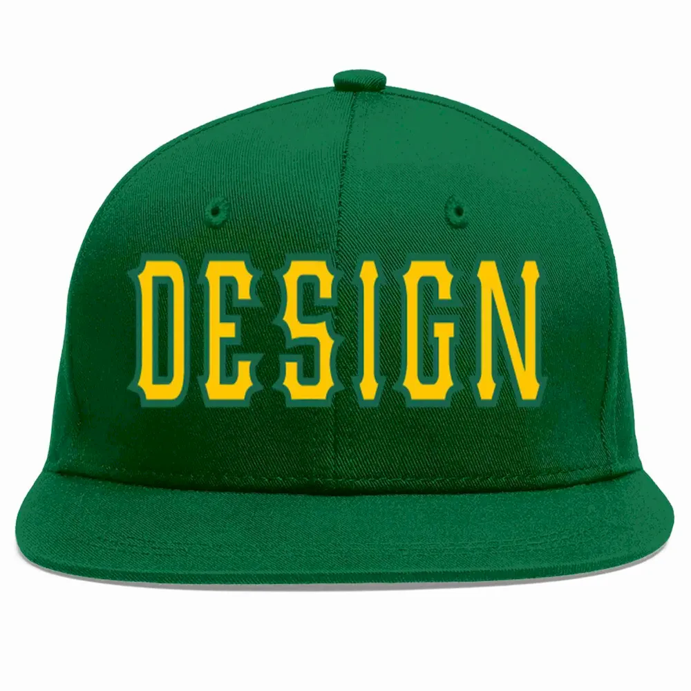 Custom Green White-Gold Flat Eaves Sport Baseball Cap Design for Men/Women/Youth