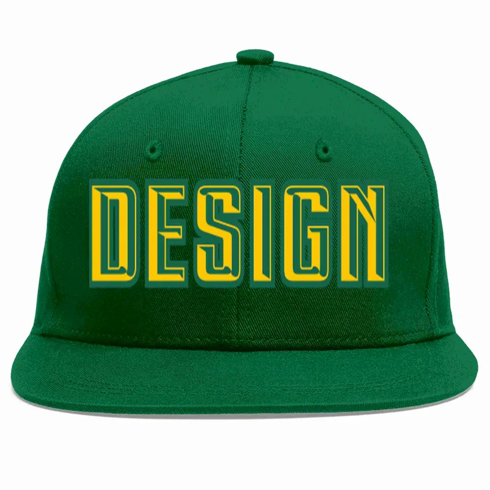 Custom Green Gold-Kelly Green Flat Eaves Sport Baseball Cap Design for Men/Women/Youth