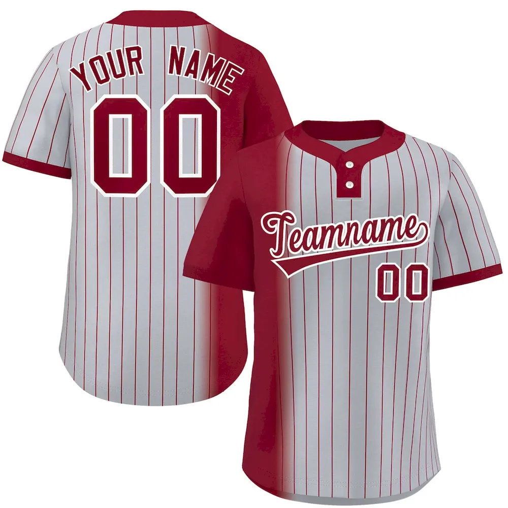 Custom Crimson Gray Gradient Stripe Fashion Authentic Two-Button Baseball Jersey