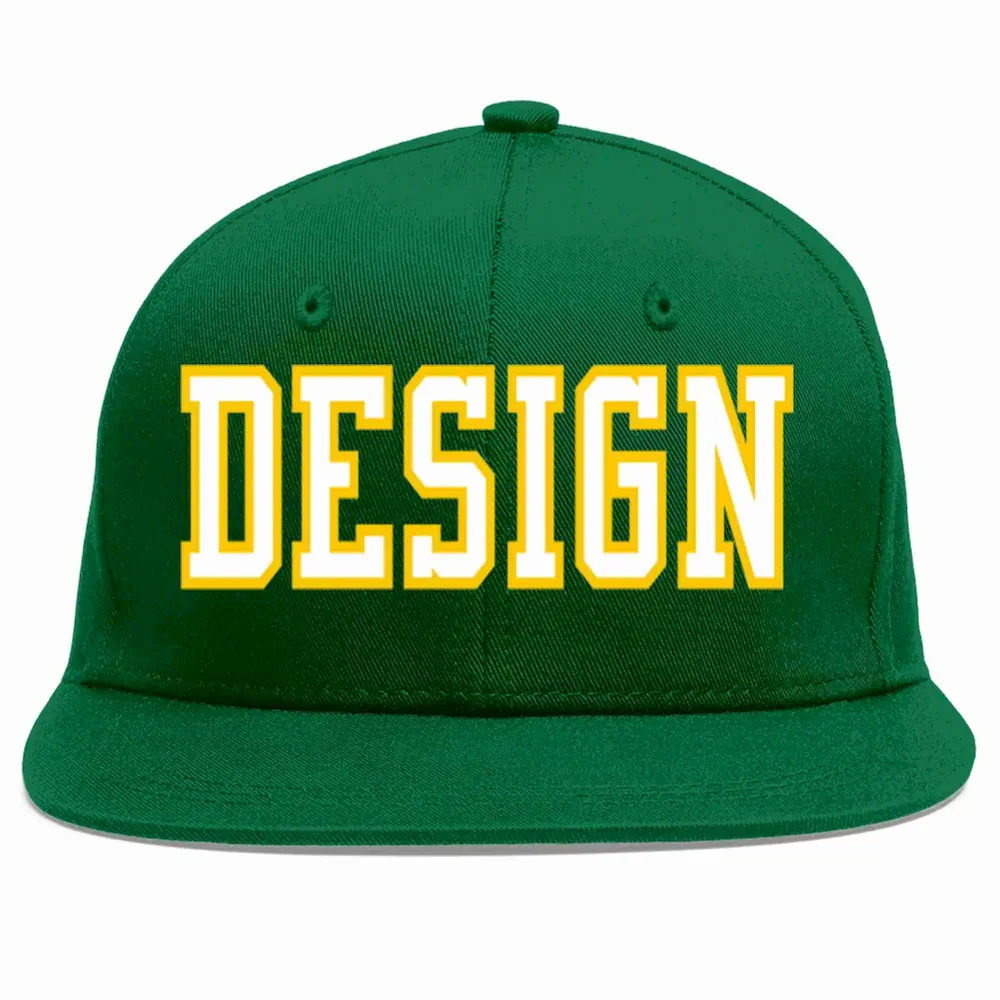 Custom Green White-Gold Flat Eaves Sport Baseball Cap Design for Men/Women/Youth