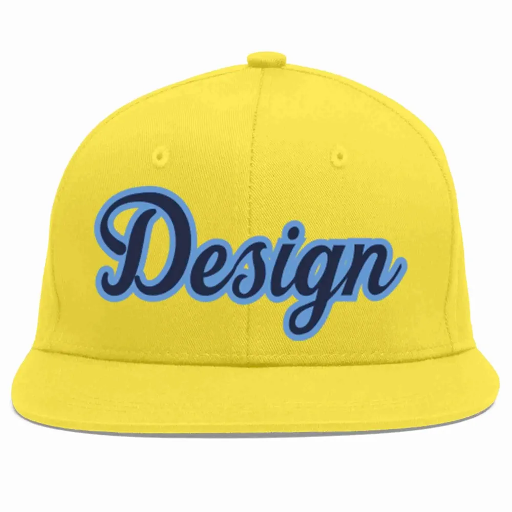 Custom Light Gold Navy-Light Blue Flat Eaves Sport Baseball Cap Design for Men/Women/Youth