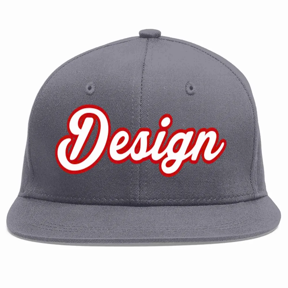 Custom Dark Gray White-Red Flat Eaves Sport Baseball Cap Design for Men/Women/Youth