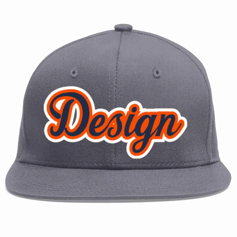 Custom Dark Gray Navy-Orange Flat Eaves Sport Baseball Cap Design for Men/Women/Youth