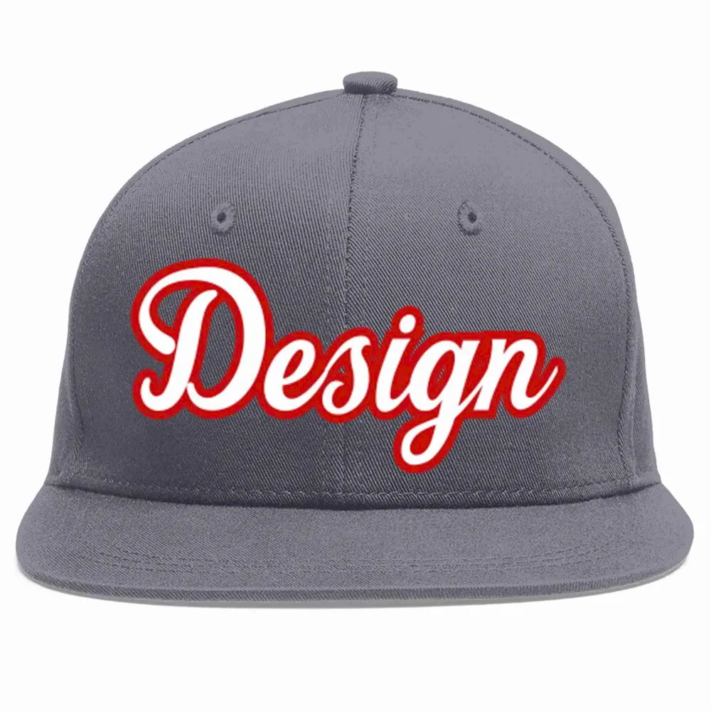 Custom Dark Gray White-Red Flat Eaves Sport Baseball Cap Design for Men/Women/Youth
