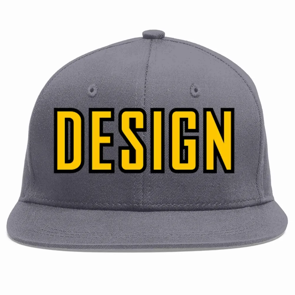 Custom Dark Gray Gold-Black Flat Eaves Sport Baseball Cap Design for Men/Women/Youth