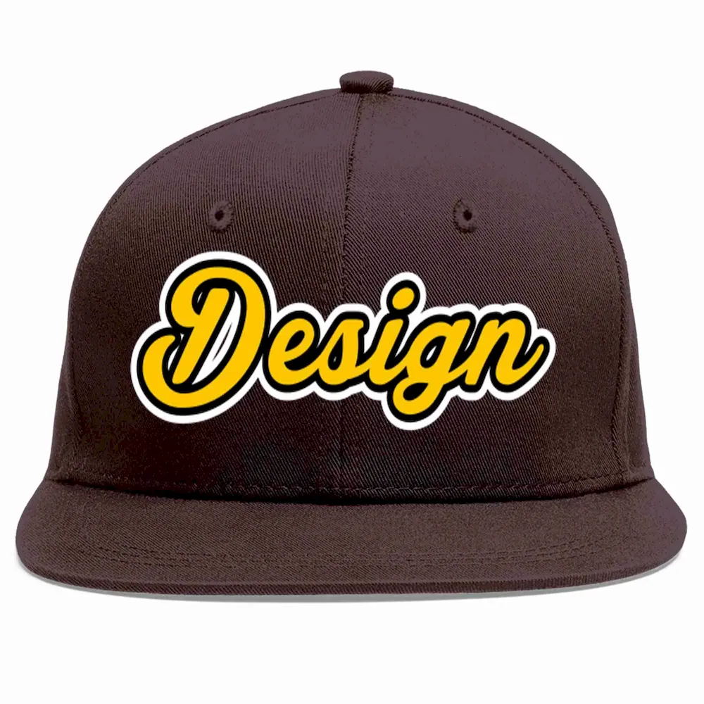 Custom Brown Gold-Black Flat Eaves Sport Baseball Cap Design for Men/Women/Youth