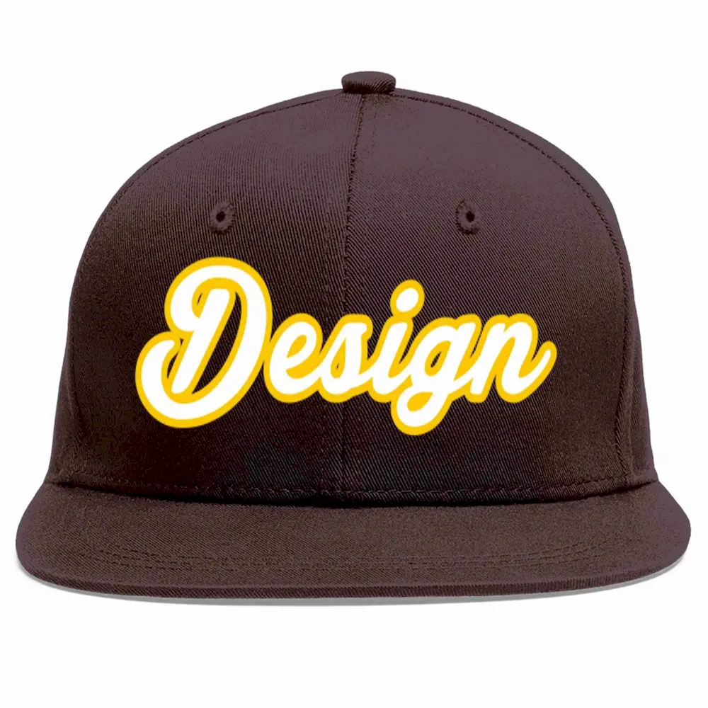 Custom Brown White-Gold Flat Eaves Sport Baseball Cap Design for Men/Women/Youth