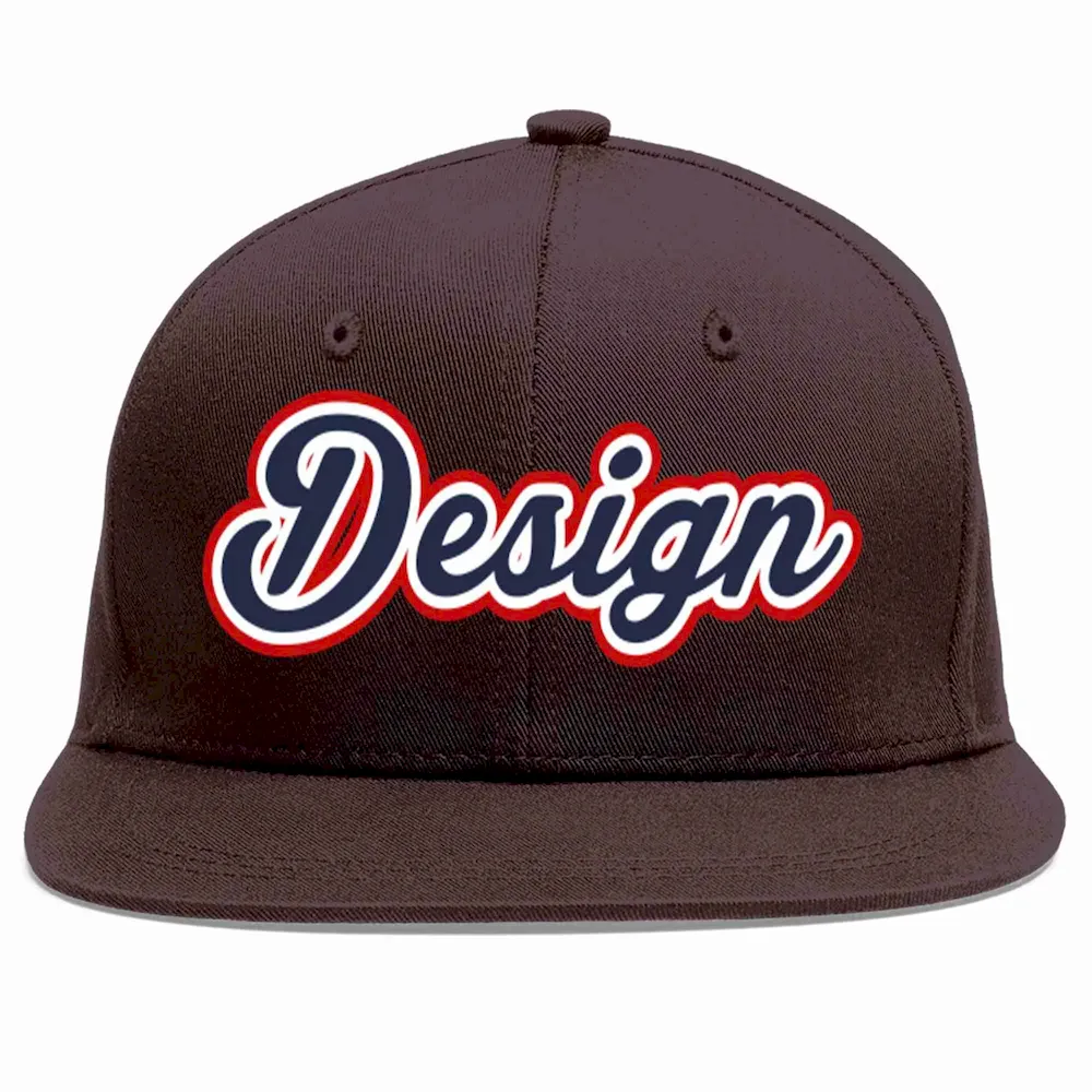 Custom Brown Navy-White Flat Eaves Sport Baseball Cap Design for Men/Women/Youth