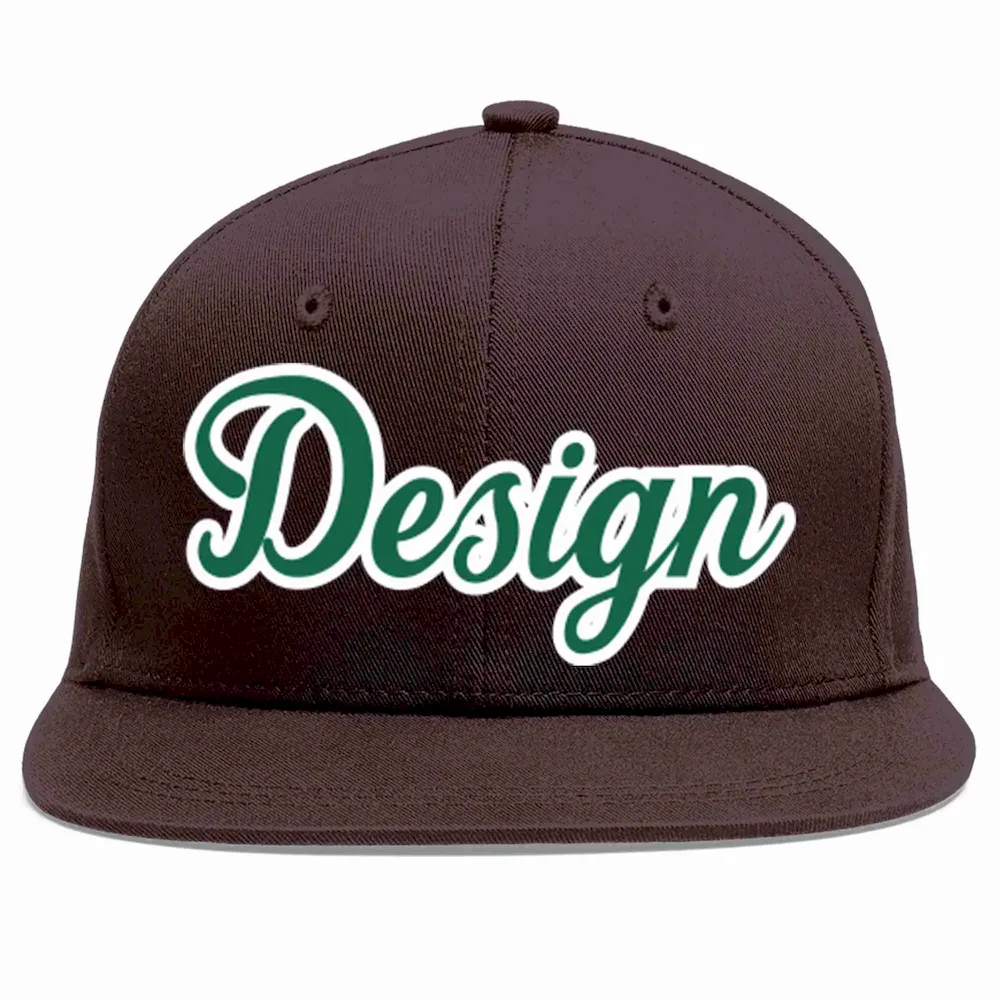 Custom Brown Kelly Green-White Flat Eaves Sport Baseball Cap Design for Men/Women/Youth