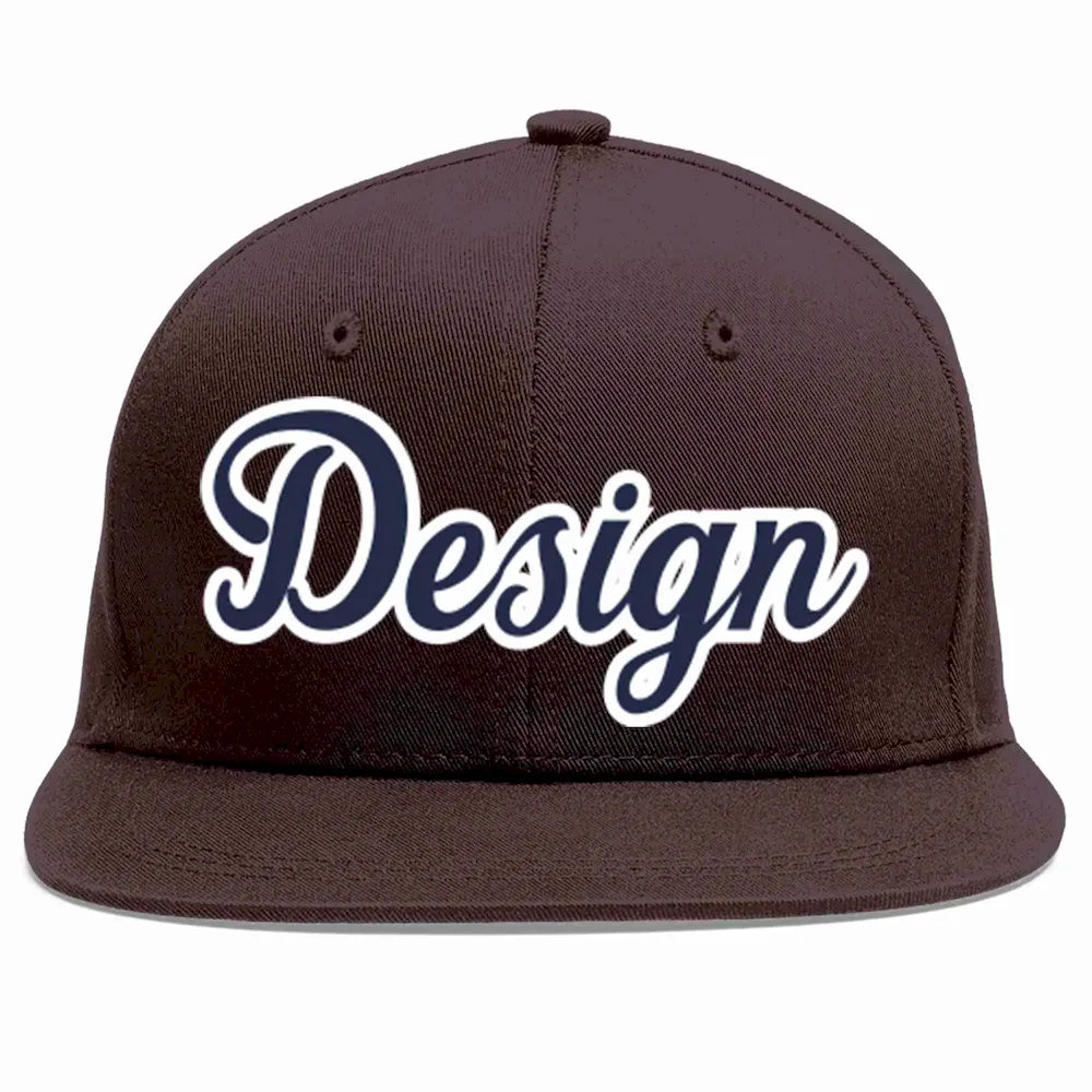 Custom Brown Navy-White Flat Eaves Sport Baseball Cap Design for Men/Women/Youth