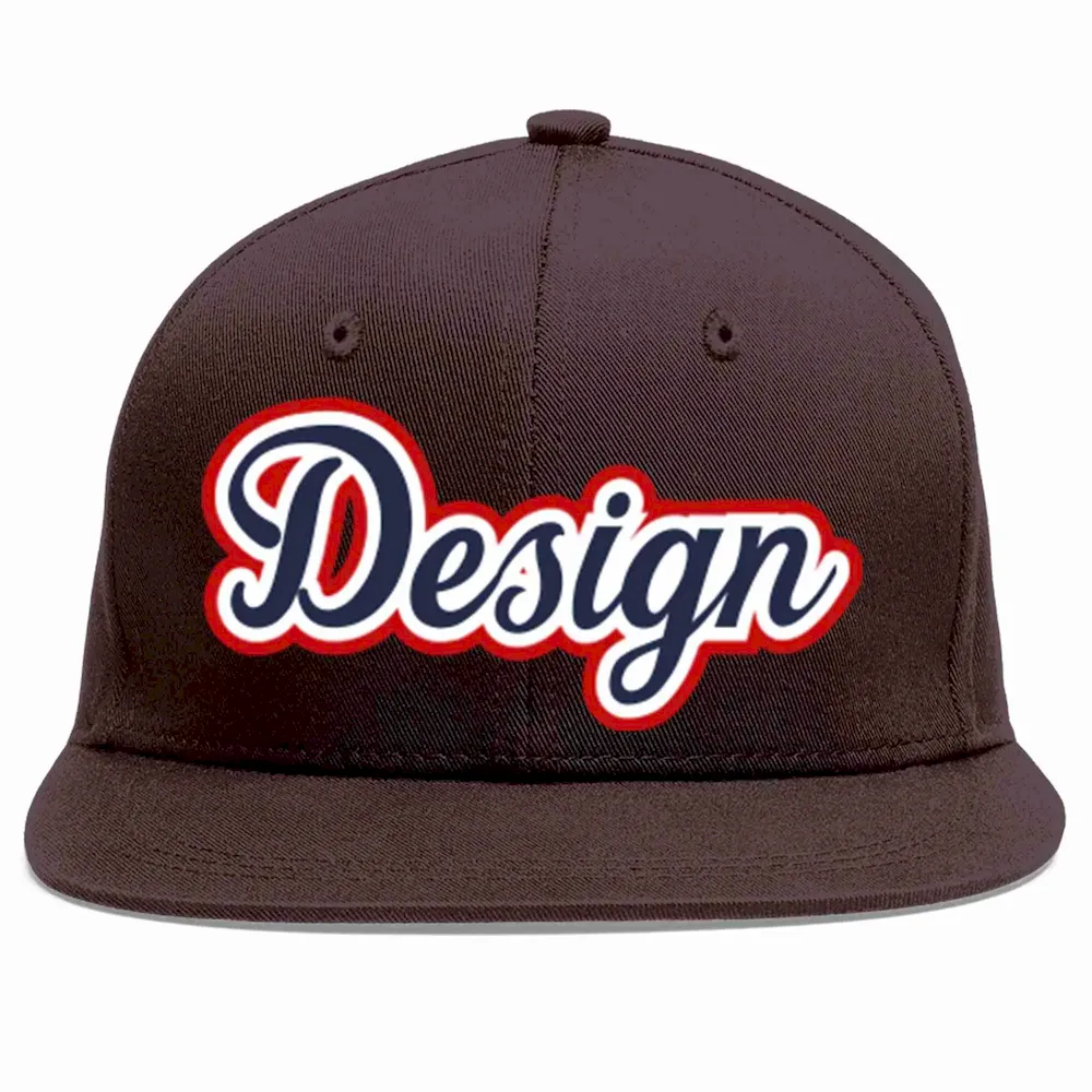 Custom Brown Navy-White Flat Eaves Sport Baseball Cap Design for Men/Women/Youth