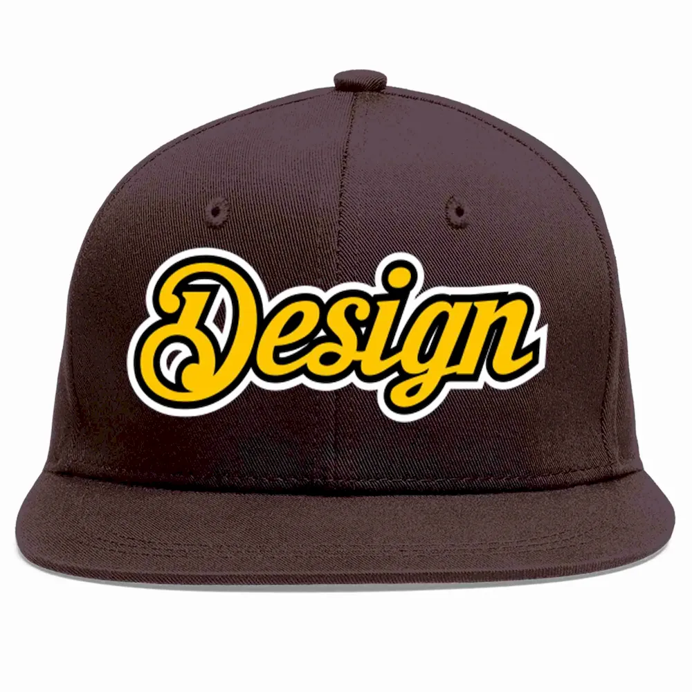 Custom Brown Gold-Black Flat Eaves Sport Baseball Cap Design for Men/Women/Youth