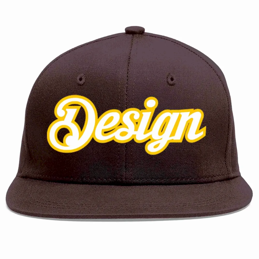 Custom Brown White-Gold Flat Eaves Sport Baseball Cap Design for Men/Women/Youth