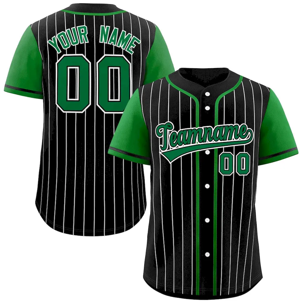 Custom Black Kelly Green-White Stripe Fashion Raglan Sleeves Authentic Baseball Jersey