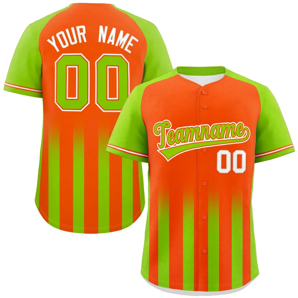Custom Neon Green Orange Raglan Sleeves Gradient Thick Stripe Authentic Baseball Jersey