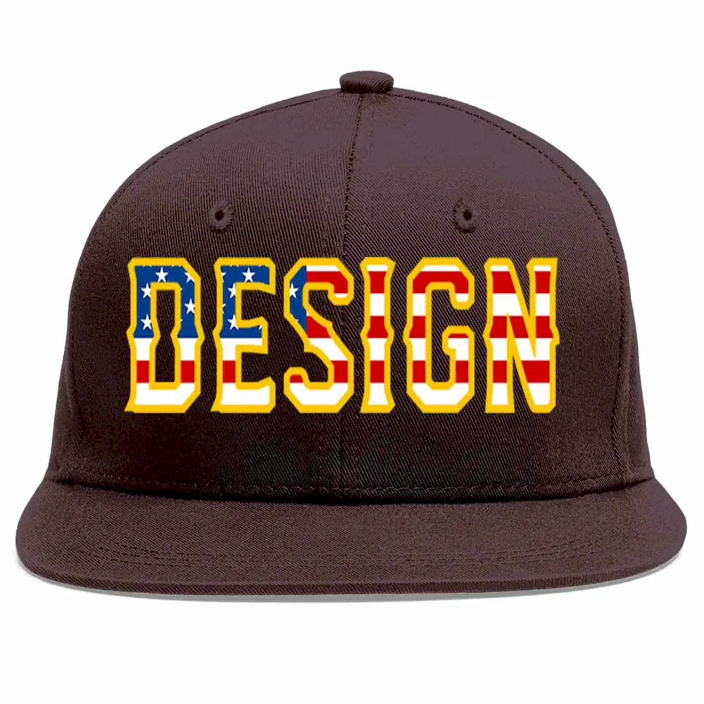Custom Brown Vintage USA Flag-Gold Flat Eaves Sport Baseball Cap Design for Men/Women/Youth