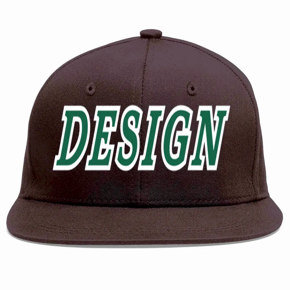 Custom Brown Kelly Green-White Flat Eaves Sport Baseball Cap Design for Men/Women/Youth