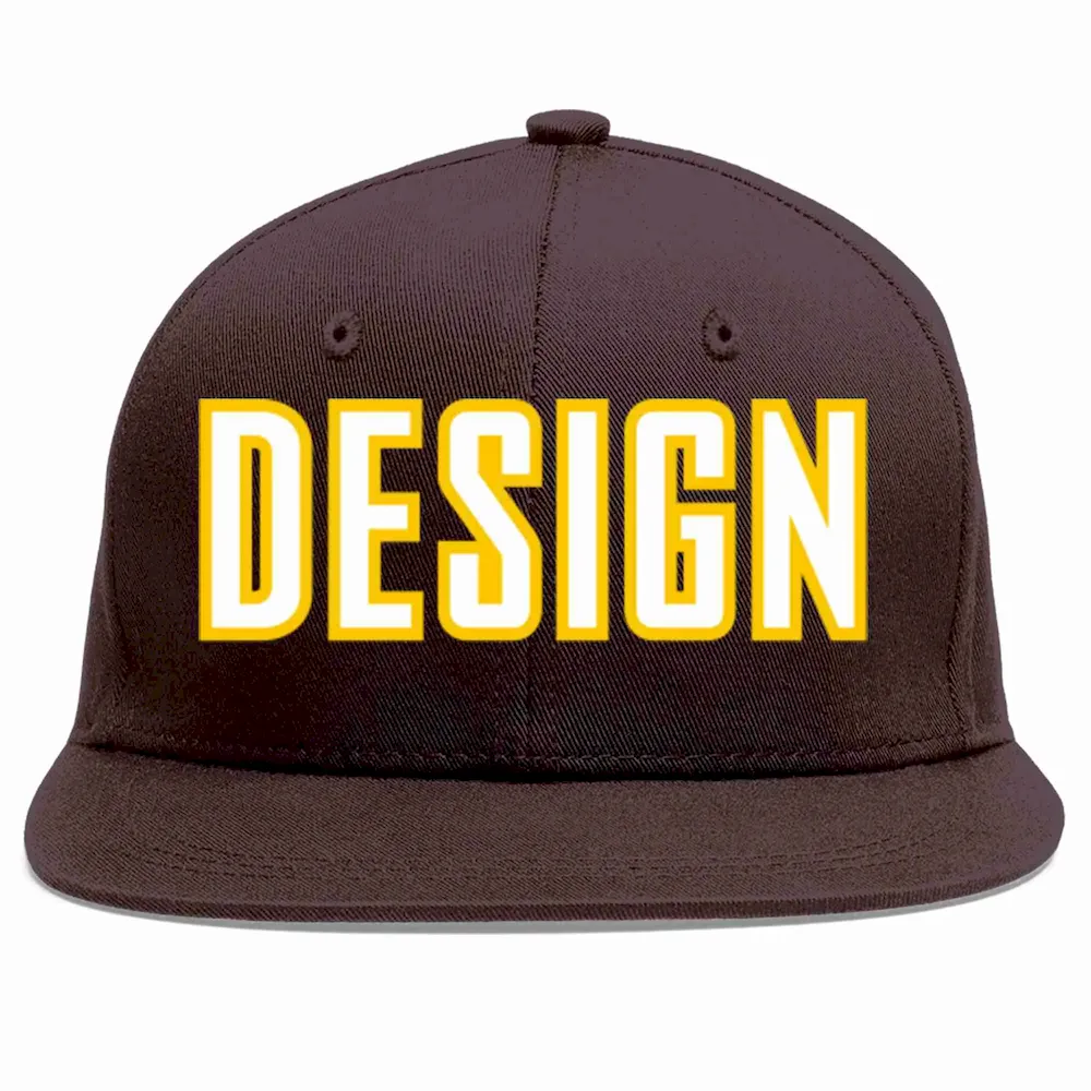 Custom Brown White-Gold Flat Eaves Sport Baseball Cap Design for Men/Women/Youth