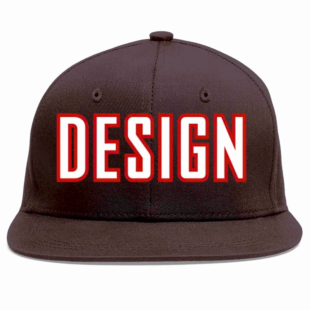 Custom Brown White-Red Flat Eaves Sport Baseball Cap Design for Men/Women/Youth