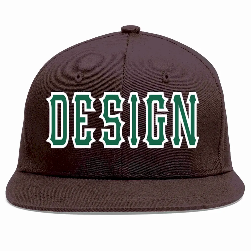 Custom Brown Kelly Green-White Flat Eaves Sport Baseball Cap Design for Men/Women/Youth