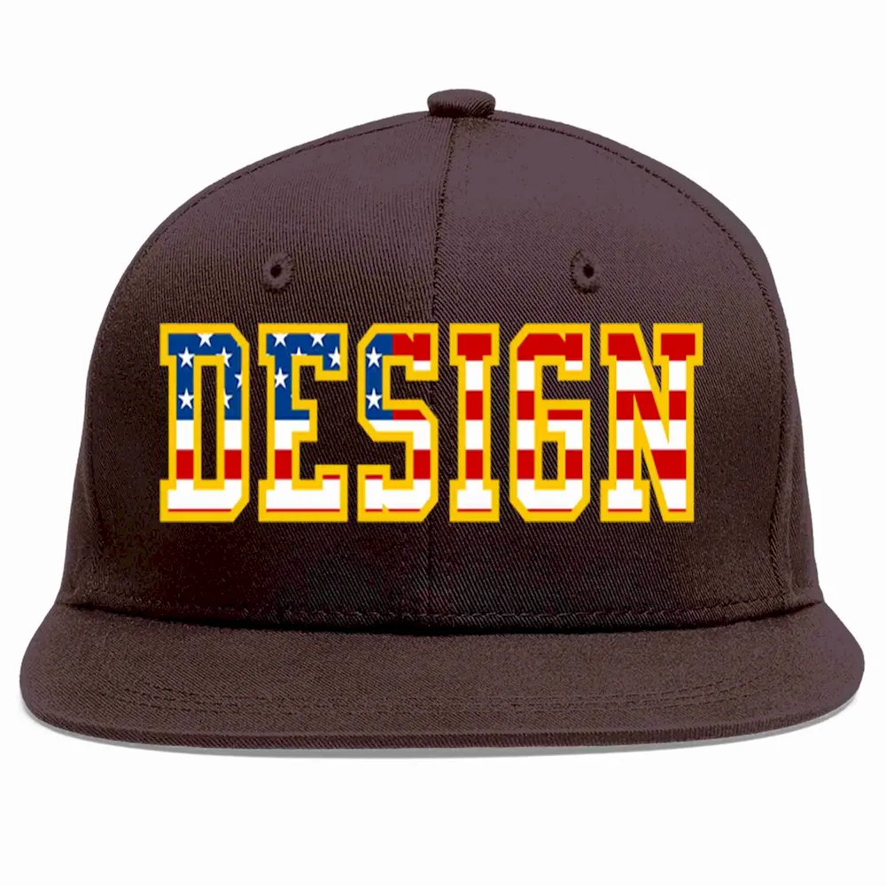 Custom Brown Vintage USA Flag-Gold Flat Eaves Sport Baseball Cap Design for Men/Women/Youth