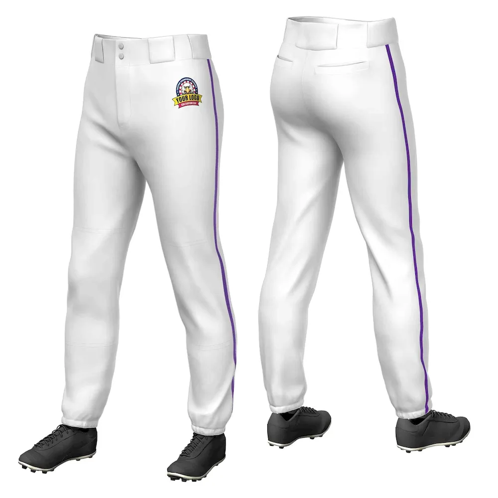 Custom White Purple Classic Fit Stretch Practice Pull-up Baseball Pants