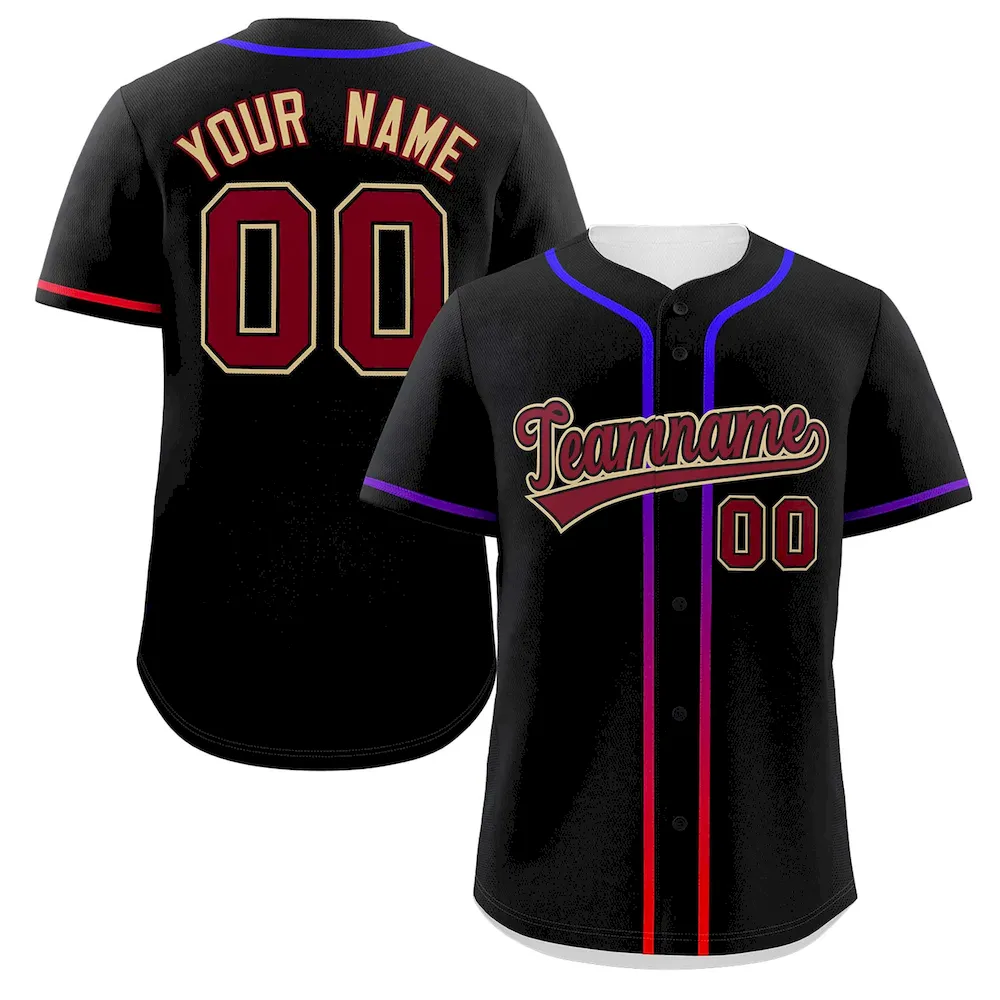 Custom Black Crimson Personalized Gradient Ribbed Design Authentic Baseball Jersey
