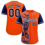 Custom Orange Navy Split Personalized Graffiti Raglan Sleeve Authentic Baseball Jersey