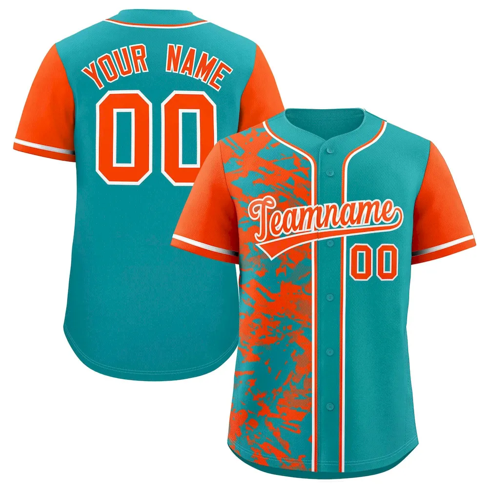 Custom Aqua Navy Split Personalized Graffiti Raglan Sleeve Authentic Baseball Jersey