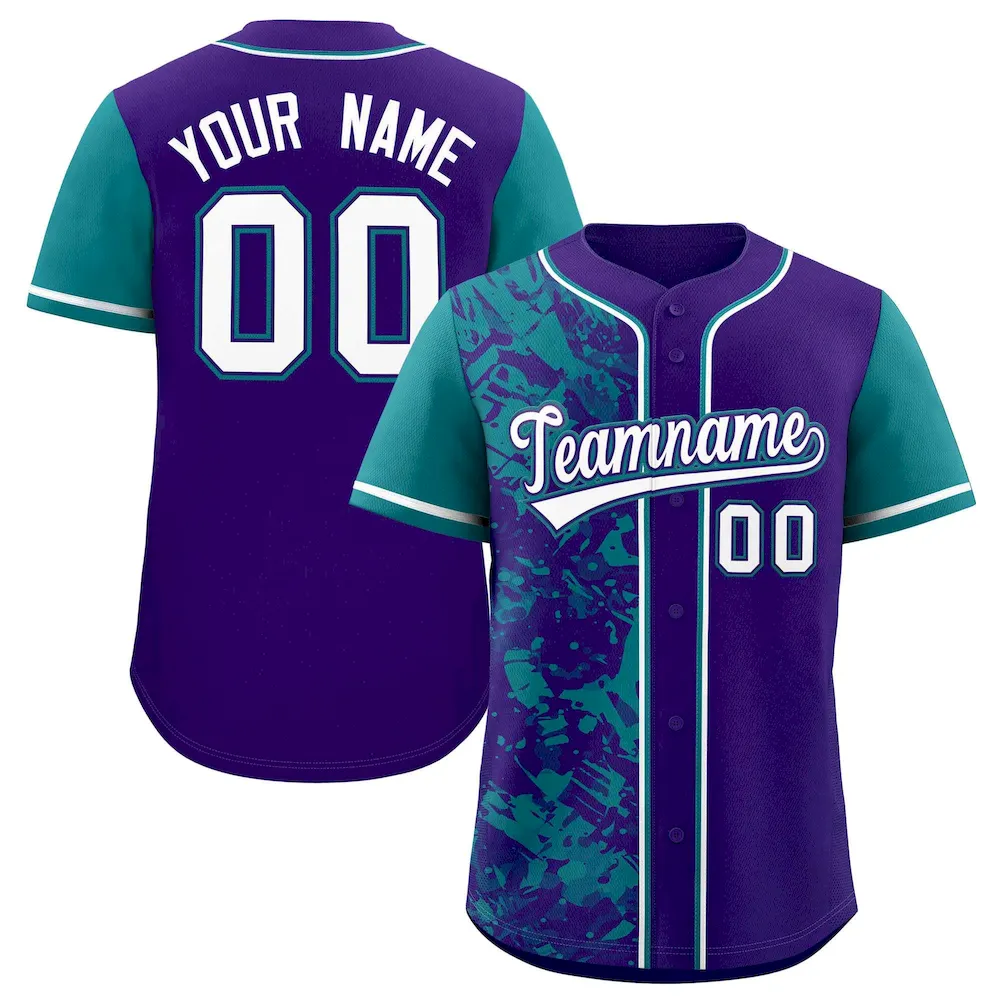 Custom Purple Teal Split Personalized Graffiti Raglan Sleeve Authentic Baseball Jersey
