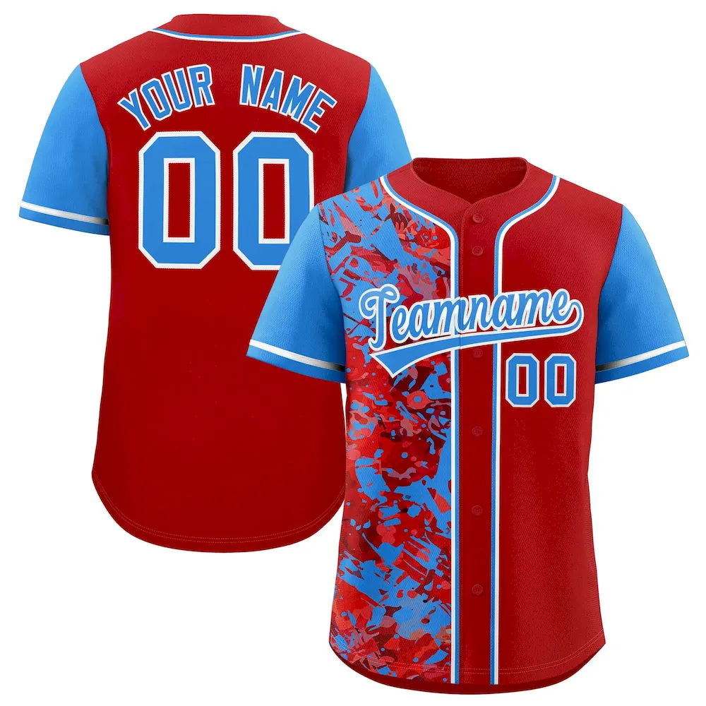 Custom Red Blue Split Personalized Graffiti Raglan Sleeve Authentic Baseball Jersey
