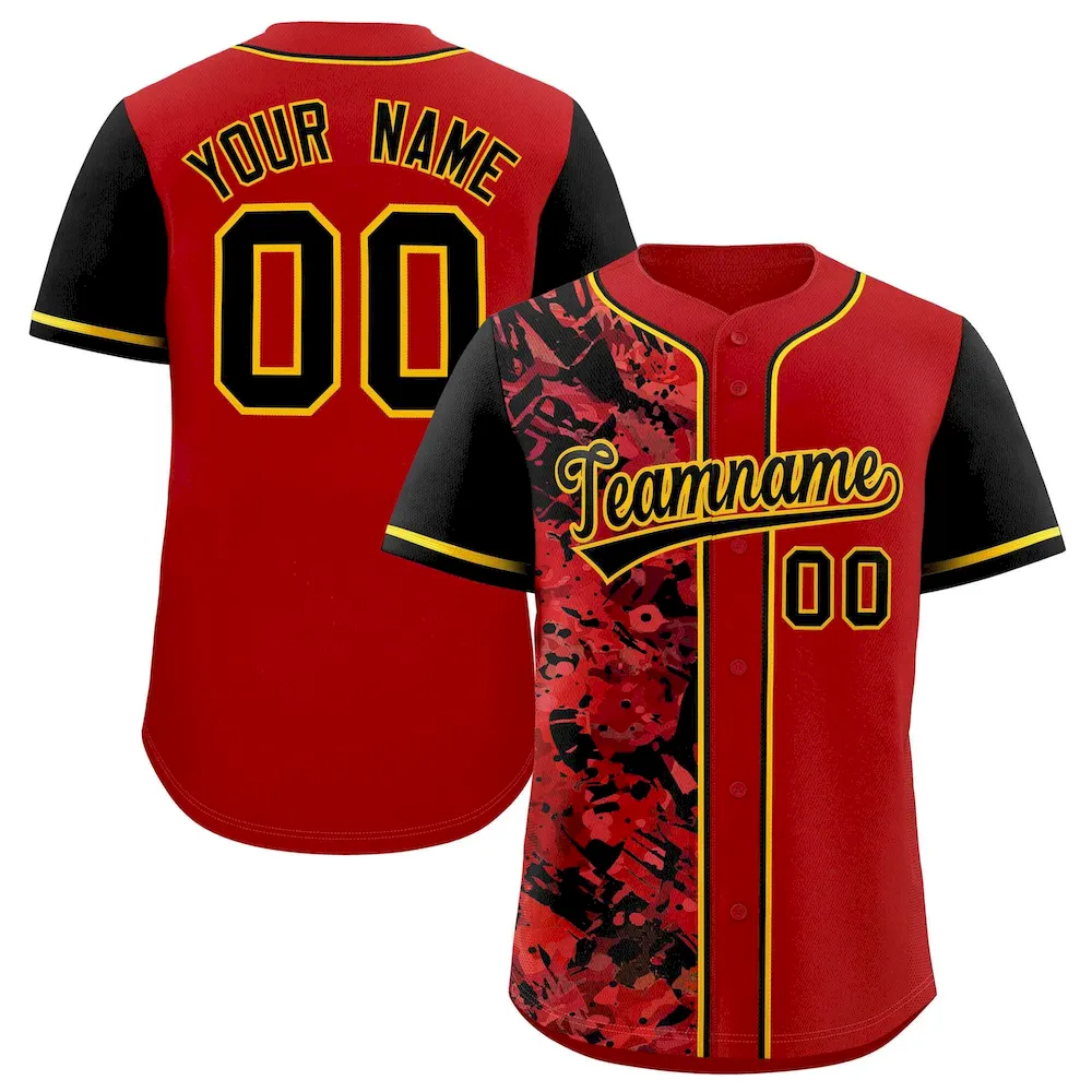 Custom Red Black Split Personalized Graffiti Raglan Sleeve Authentic Baseball Jersey