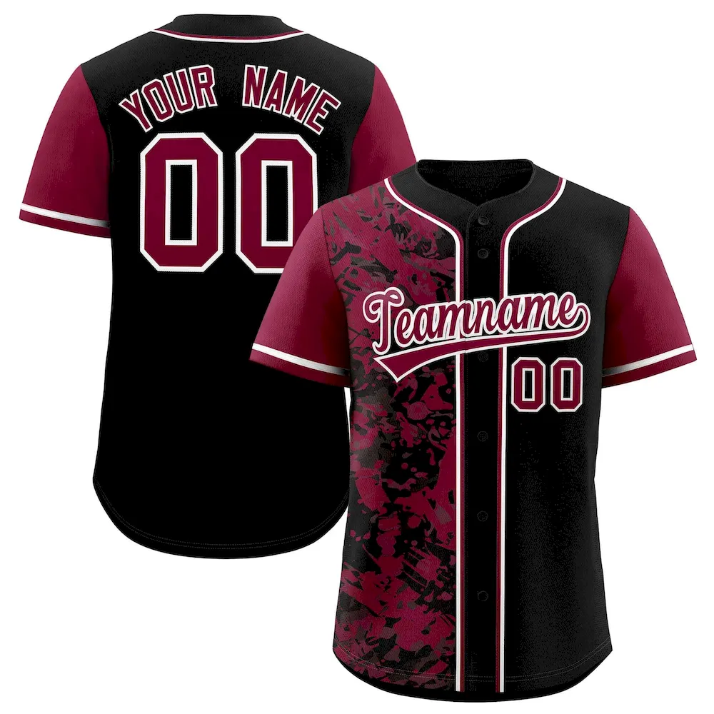 Custom Black Crimson Split Personalized Graffiti Raglan Sleeve Authentic Baseball Jersey