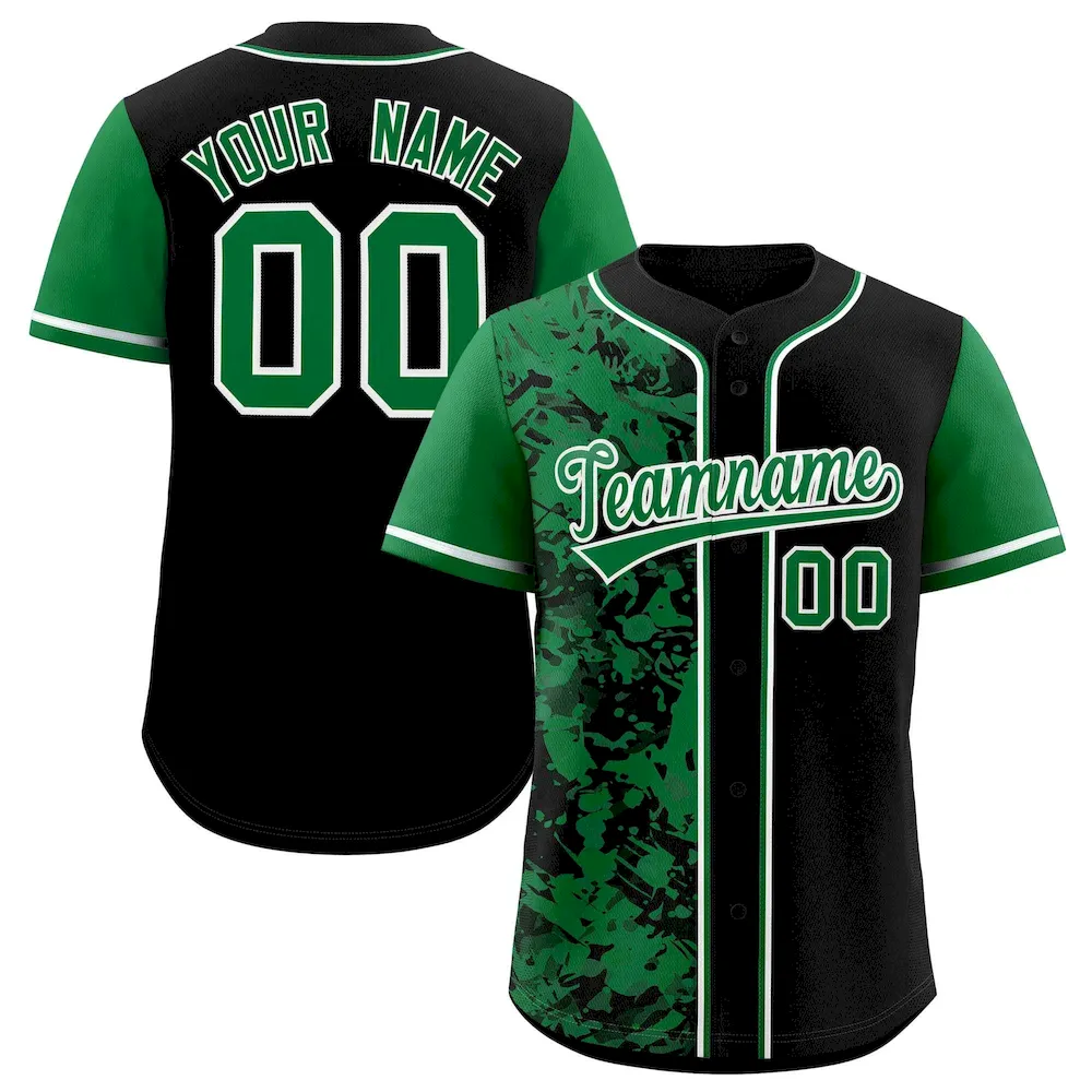 Custom Black Green Split Personalized Graffiti Raglan Sleeve Authentic Baseball Jersey