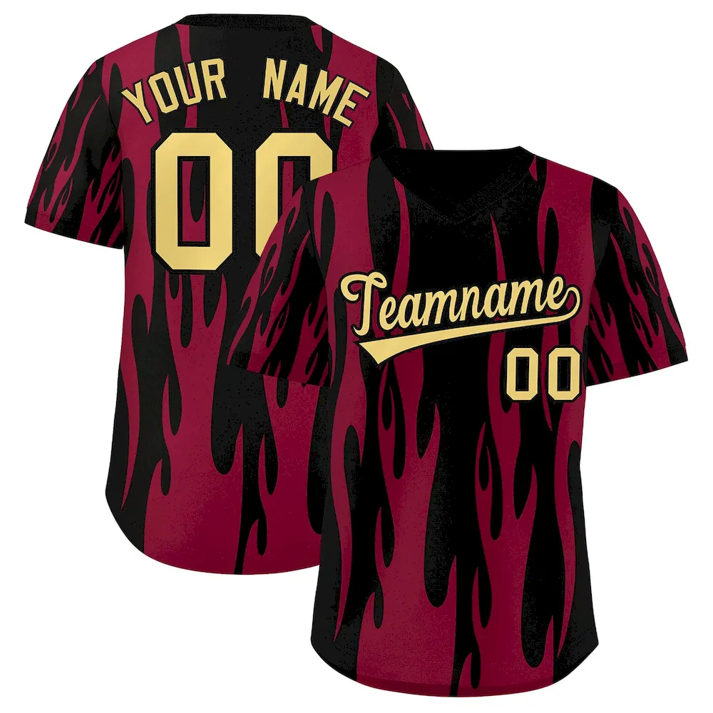 Custom Black Crimson Flame Pattern Authentic Pullover Baseball Jersey