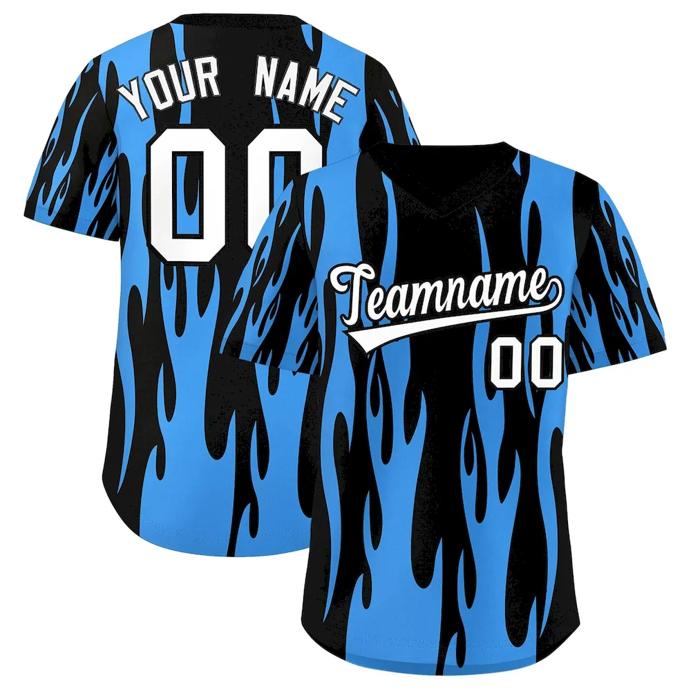 Custom Black Powder Blue Flame Pattern Authentic Pullover Baseball Jersey