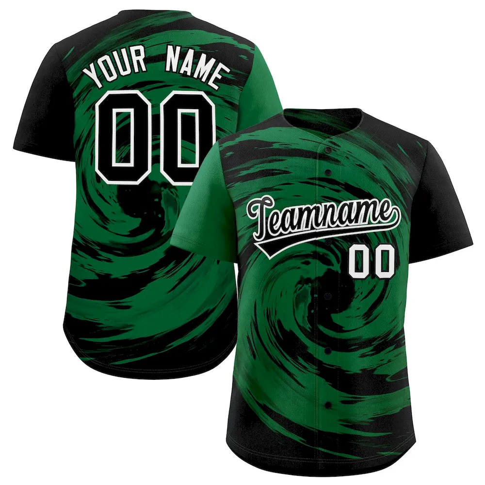 Custom Kelly Green Black Swirl Graffiti Pattern Authentic Baseball Jersey