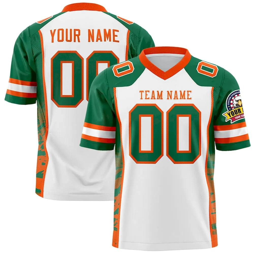 Custom White Kelly Green-Orange Raglan Sleeves Personalized Side Pattern Authentic Football Jersey