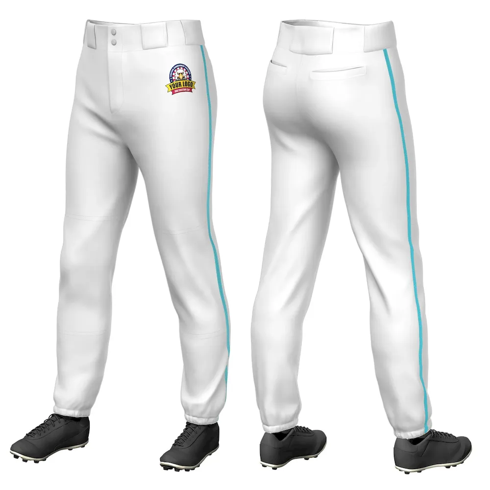 Custom White Sky Blue Classic Fit Stretch Practice Pull Up Baseball Pants
